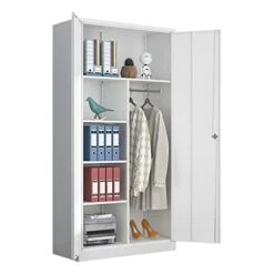 Metal Armoire Wardrobe Closet Cabinet For Hanging Clothes With Lock Doors, -72" Steel Lockable Wardrobe Storage Locker Clothes Organizer For Bedroom, Laundry Room (White)