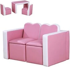 Qaba Kids Sofa Set 2-in-1 Multi-Functional Toddler Table Chair Set 2 Seat Couch Storage Box Soft Sturdy Pink -Safavieh Furniture 41EsbEO2kL. AC