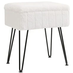 CUYOCA Vanity Stool Ottoman With Storage Bench, Faux Fur Stool For Vanity With Metal Legs, Makeup Chair Vanity Stool For Bedroom Living Room, White -Safavieh Furniture 41EuzfR75DL