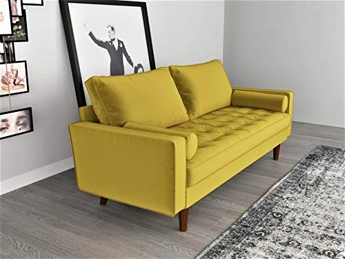 Container Furniture Direct S5459 Mid Century Modern Velvet Upholstered Tufted Living Room Sofa, 69.68" Goldenrod 2 Container Furniture Direct S5459 Mid Century Modern Velvet Upholstered Tufted Living Room Sofa, 69.68" Goldenrod - Image 2