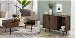 Walker Edison Montclair Mid Century Modern Two Toned 1 Drawer Coffee Table, 42 Inch, Glass And Dark Walnut & Theo Mid Century Modern 2 Door Asymmetrical Glass Shelf Buffet, 44 Inch, Dark Walnut -Safavieh Furniture 41ExkVuBngL. AC