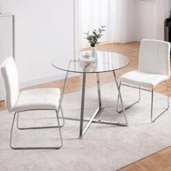 5 Pieces Dining Table And Chairs Set - Modern Round Dining Room Table With 4 Leather Chairs - Tempered Glass Table Top And Chrome Legs Kitchen Table Set For Small Space - White -Safavieh Furniture 41F5qMOONL. AC 1