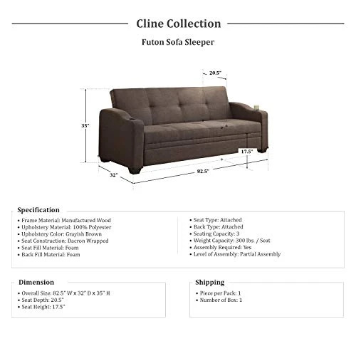 Lexicon Cline Futon Sofa Sleeper, Grayish Brown 1 Lexicon Cline Futon Sofa Sleeper, Grayish Brown