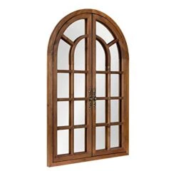 Kate And Laurel Boldmere Rustic Windowpane Arch Mirror, 28 X 44, Rustic Brown, Farmhouse Window Mirror For Wall