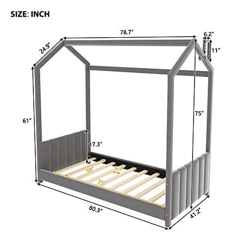 DEINPPA Twin Size Velvet Fabric Upholstered Tufted Headboard And Footboard, Kids House Bed Frame With Roof Design, For Kids Boys Girls-Gray 1 DEINPPA Twin Size Velvet Fabric Upholstered Tufted Headboard And Footboard, Kids House Bed Frame With Roof Design, For Kids Boys Girls-Gray