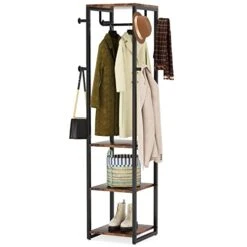 LITTLE TREE Freestanding Coat Rack With 4 Shelves And 8 Hooks For Entryway, Bedroom