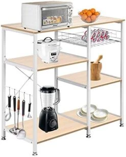 SSLine Kitchen Baker's Rack Microwave Oven Stand Cart Kitchen Island Utility Storage Shlelves With Hooks&Slide Out Basket Free Standing 3-Tier Spice Rack Organizer-35.4"L X 15.7"W X 33"H(Drak Brown) -Safavieh Furniture 41FsmFm79FL. AC 1