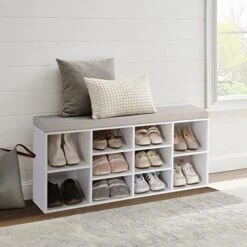Sophia & William Shoe Bench With Cushion And 8 Compartments, Entryway Storage Bench Freestanding Shoe Cabinet Rack With Adjustable Shelves, Total Load Capacity: 400 Lbs (Top 200 Lbs), White -Safavieh Furniture 41G1x5 ENML. AC