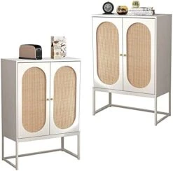 AWQM Natural Rattan 2 Door High Cabinet,Sideboard Buffet Cupboard Accent Cabinet,Adjustable Shelves,Free Standing Bookmatch,Easy Assembly26.77 L X 15.75" W X 41.34" H,Rustic Oak Beige -Safavieh Furniture 41G2Fm0asdL. AC