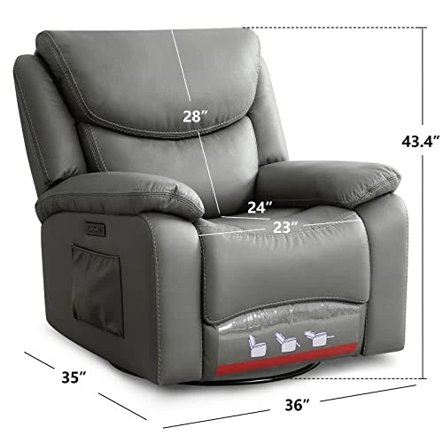 COOSLEEP Large Power Recliner Swivel Glider With USB And Type-C Charging Ports, Upholstered Breathable Leather Living Room Reclining Sofa Chair With Lumbar Support (Grey) 3 COOSLEEP Large Power Recliner Swivel Glider With USB And Type-C Charging Ports, Upholstered Breathable Leather Living Room Reclining Sofa Chair With Lumbar Support (Grey) - Image 3