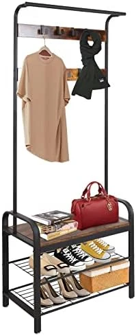 ECOMEX Entryway Coat Rack With Shoe Storage,Hall Tree With Bench And Shoe Storage,3-Tier Storage Shelf And 9 Hooks,37.8 * 14.4 * 73.5 Inches,3-in-1 Hall Tree Shoe Rack For Entryway (Rustic Brown) 8 ECOMEX Entryway Coat Rack With Shoe Storage,Hall Tree With Bench And Shoe Storage,3-Tier Storage Shelf And 9 Hooks,37.8 * 14.4 * 73.5 Inches,3-in-1 Hall Tree Shoe Rack For Entryway (Rustic Brown) - Image 8
