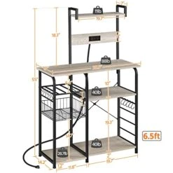 Topeakmart Industrial Kitchen Baker's Rack With Power Outlet, Utility Storage Shelf Unit With Wire Basket And Wine Storage, Coffee Bar Table Organizer With 10 Hooks, Gray -Safavieh Furniture 41G6U8J3VOL