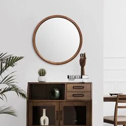 SIERSOE Round Wood Mirror 24 Inch, Wall Framed Bathroom Mirror For Vanity Farmhouse Rustic Mirror
