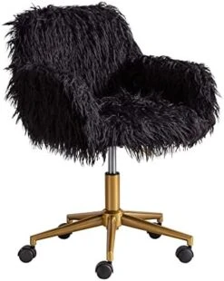KCC Fluffy Office Desk Chair, Faux Fur Modern Swivel Armchair With Wheels, Soft Comfy Fuzzy Elegant Accent Makeup Vanity Chairs For Women Girls, Home Living Dressing Room Bedroom, Black -Safavieh Furniture 41GJmMStXYL. AC