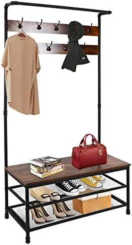 ECOMEX Entryway Coat Rack With Shoe Storage,Hall Tree With Bench And Shoe Storage,3-Tier Storage Shelf And 9 Hooks,37.8 * 14.4 * 73.5 Inches,3-in-1 Hall Tree Shoe Rack For Entryway (Rustic Brown) 9 ECOMEX Entryway Coat Rack With Shoe Storage,Hall Tree With Bench And Shoe Storage,3-Tier Storage Shelf And 9 Hooks,37.8 * 14.4 * 73.5 Inches,3-in-1 Hall Tree Shoe Rack For Entryway (Rustic Brown) - Image 9