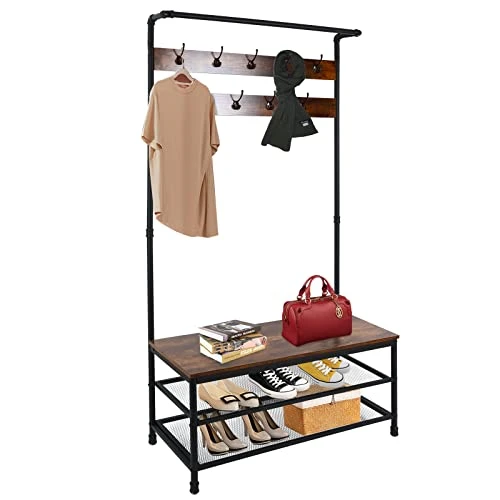 ECOMEX Entryway Coat Rack With Shoe Storage,Hall Tree With Bench And Shoe Storage,3-Tier Storage Shelf And 9 Hooks,37.8 * 14.4 * 73.5 Inches,3-in-1 Hall Tree Shoe Rack For Entryway (Rustic Brown) 1 ECOMEX Entryway Coat Rack With Shoe Storage,Hall Tree With Bench And Shoe Storage,3-Tier Storage Shelf And 9 Hooks,37.8 * 14.4 * 73.5 Inches,3-in-1 Hall Tree Shoe Rack For Entryway (Rustic Brown)