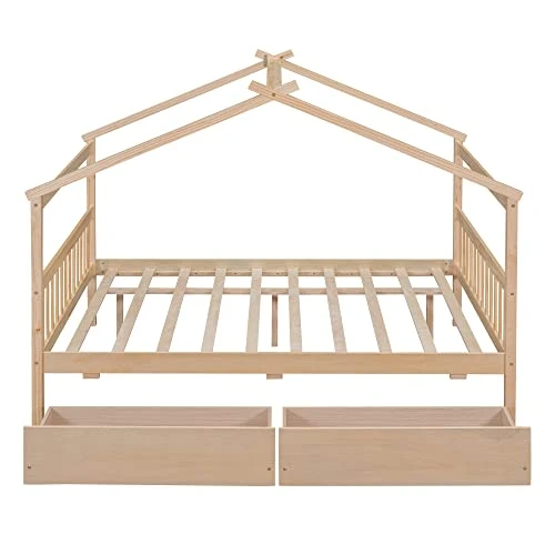 Full Size House Bed With 2 Storage Drawers Wooden Kids Montessori House Bed Frame Wood Playhouse Tent Bed For Girls Boys Teens, Natural 3 Full Size House Bed With 2 Storage Drawers Wooden Kids Montessori House Bed Frame Wood Playhouse Tent Bed For Girls Boys Teens, Natural - Image 3