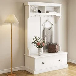 3-in-1 Entryway Hall Tree With Bench, Coat Rack Shoe Bench With 6 Double Hooks & 2 Drawers For Hallway, Living Room, White -Safavieh Furniture 41Gnaq67D7L