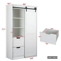 71'' High Armoire Wardrobe Closet Bedroom Storage Cabinet With Hanging Rod And Wooden Storage Shelves, For Cloakroom Apartment Freestanding Sliding Barn Door, White