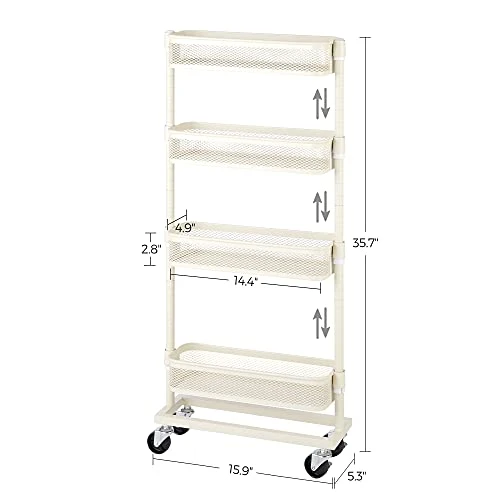 SONGMICS Slim Storage Cart, 4-Tier Slide-Out Trolley For Small Spaces, Bathroom And Kitchen, With Wire Baskets, Space Saving, Easy Assembly, White UBSC065W01, 15.9 X 5.3 X 35.7 Inches 5 SONGMICS Slim Storage Cart, 4-Tier Slide-Out Trolley For Small Spaces, Bathroom And Kitchen, With Wire Baskets, Space Saving, Easy Assembly, White UBSC065W01, 15.9 X 5.3 X 35.7 Inches - Image 5