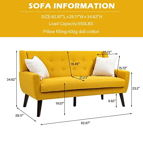 UIXE 3 Piece Indoor Comfy Sectional Sofa With Accent Chairs For Living Room, Linen Fabric Couch Modern Bedroom Loveseat 2-Seat Armchair For Home Apartment Small Space (Yellow) 3 UIXE 3 Piece Indoor Comfy Sectional Sofa With Accent Chairs For Living Room, Linen Fabric Couch Modern Bedroom Loveseat 2-Seat Armchair For Home Apartment Small Space (Yellow) - Image 3