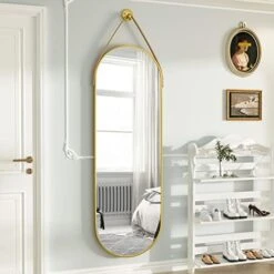 HARRITPURE 16"x48" Oval Hanging Mirror With Leather Strap Full Length Mirror Aluminum Frame Wall-Mounted Hanging Mirrors For Bathroom Vanity Living Room Bedroom Entryway Decor -Safavieh Furniture 41HC3JcqEL. AC