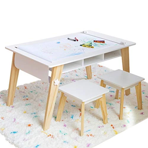 Wildkin Kids Arts And Crafts Table Set For Boys And Girls, Mid Century Modern Design Table Includes Two Stools, Paper And Storage Cubbies Underneath Helps Keep Art Supplies Organized (White) 1 Wildkin Kids Arts And Crafts Table Set For Boys And Girls, Mid Century Modern Design Table Includes Two Stools, Paper And Storage Cubbies Underneath Helps Keep Art Supplies Organized (White)
