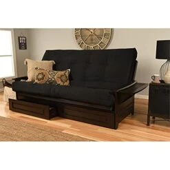 Pemberly Row Futon With Suede Fabric Mattress In Black And Espresso