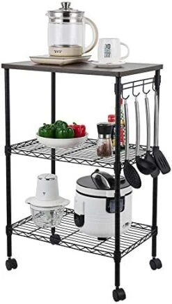 Kitchen Microwave Cart On Wheels, Wire Rolling Cart With 4 Chrome Hooks, 3 Tier Bakers Rack With Wood Table, Slides Out Shelves (24" W X 18" D X 33.5" H, Chrome/Wood) 19 Kitchen Microwave Cart On Wheels, Wire Rolling Cart With 4 Chrome Hooks, 3 Tier Bakers Rack With Wood Table, Slides Out Shelves (24" W X 18" D X 33.5" H, Chrome/Wood) -Safavieh Furniture 41HxzRqpSL. AC
