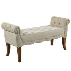 HOMCOM Traditional Style End Of Bed Bench, Upholstered Bedroom Entryway Bench With Button Tufted And Rounded Arm, Beige