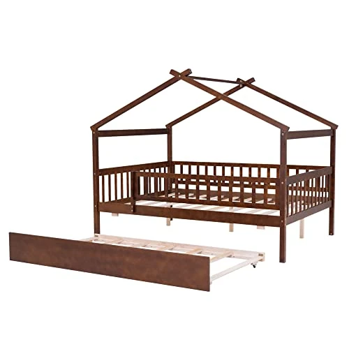 DEINPPA Full House Bed With Trundle, Kids Bed With Fence Guardrails, Wood Bed Frame, Decorative Roof Designs, No Box Spring Needed, For Boys Girls Toddler Kids-Walnut 6 DEINPPA Full House Bed With Trundle, Kids Bed With Fence Guardrails, Wood Bed Frame, Decorative Roof Designs, No Box Spring Needed, For Boys Girls Toddler Kids-Walnut - Image 6