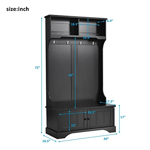 Voohek, Black 3-in-1,Hall Tree, Coat Rack Shoe Bench With Top Shelves Entryway, Living Room And Bedroom,Mudroom, 4 Hooks & Shelf Cabinet 3 Voohek, Black 3-in-1,Hall Tree, Coat Rack Shoe Bench With Top Shelves Entryway, Living Room And Bedroom,Mudroom, 4 Hooks & Shelf Cabinet - Image 3