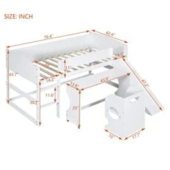 JINS&VICO Twin Size Loft Bed With Rolling Portable Desk And Chair, Low Loft Bed With Slide And Ladder, Wooden Bed Frame With Full-Length Guardrail For Boys Girls Teens, No Box Spring Required, White -Safavieh Furniture 41I92OqINML
