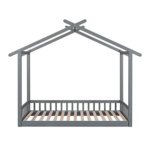 MERITLINE Twin House Bed Montessori Floor Bed Frame Wood Extendable House Bed For 2 Kids Boys Girls, Grey 6 MERITLINE Twin House Bed Montessori Floor Bed Frame Wood Extendable House Bed For 2 Kids Boys Girls, Grey - Image 6