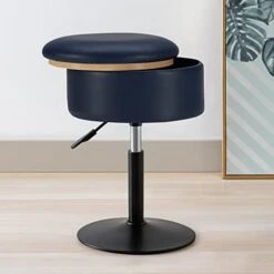 Leather Storage Ottoman Vanity Stool, 18" To 23" Height Adjustable Foot Stool Upholstered Round Footrest Coffee Table Top Cover, Modern Accent Stools,360° Swivel Makeup Stool For Living Room Bedroom -Safavieh Furniture 41IK eWghlL. AC