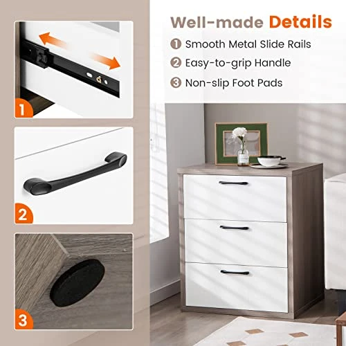 3-Drawer Dresser, Modern Chest Of Drawers, Floor Wooden Storage Organizer With 3 Pull-Out Drawers, Freestanding Utility Storage Cabinet For Living Room, Bedroom, Entryway, Study, Grey & White 5 3-Drawer Dresser, Modern Chest Of Drawers, Floor Wooden Storage Organizer With 3 Pull-Out Drawers, Freestanding Utility Storage Cabinet For Living Room, Bedroom, Entryway, Study, Grey & White - Image 5