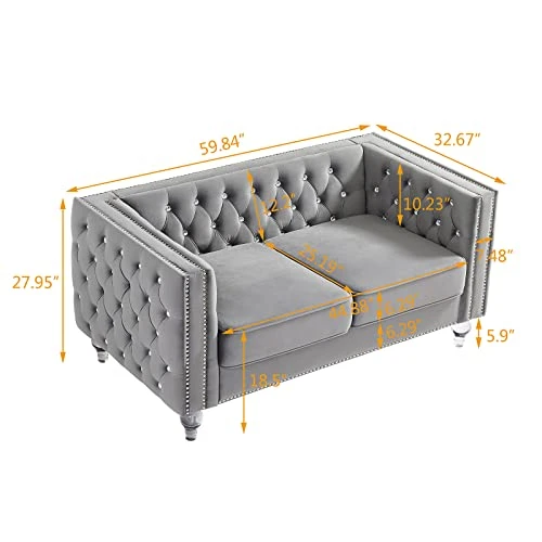 Mikibama Velvet Loveseat Sofa 59 Inch Jeweled Buttons Tufted Loveseat With Acrylic Crystal Legs And 2 Pillows Modern Furniture For Living Room, Bedroom(Grey) 3 Mikibama Velvet Loveseat Sofa 59 Inch Jeweled Buttons Tufted Loveseat With Acrylic Crystal Legs And 2 Pillows Modern Furniture For Living Room, Bedroom(Grey) - Image 3