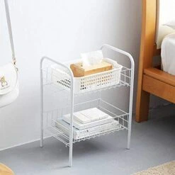 NERDOH 2/3 Tier Simple Storage Organizer Rack Bedroom Bathroom Kitchen Shelf Metal Rolling Trolley Cart Storage Holder Basket Bookshelf,Without Wheel,2 Tiers