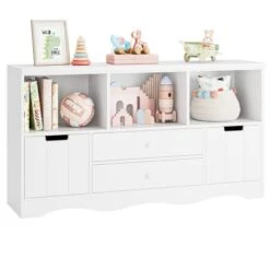 FOTOSOK 51.2" Large Toy Storage Organizer With 2 Drawers And 3 Cubbies, Toy Organizers And Storage For Books Or Dolls, Kids Bookshelf And Toy Storage For Playroom, Storage Cabinet For Nursery, White
