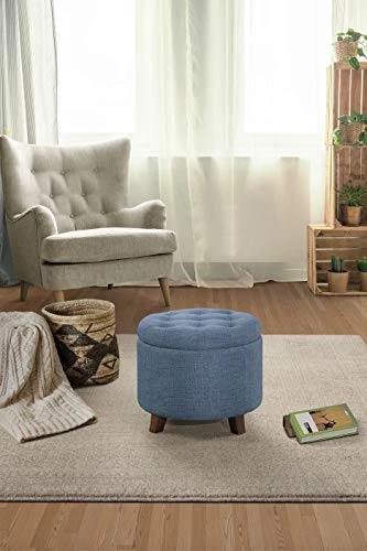 Lexicon Avon Round Tufted Fabric Storage Accent Ottoman, 20" W, Blue 2 Lexicon Avon Round Tufted Fabric Storage Accent Ottoman, 20" W, Blue - Image 2