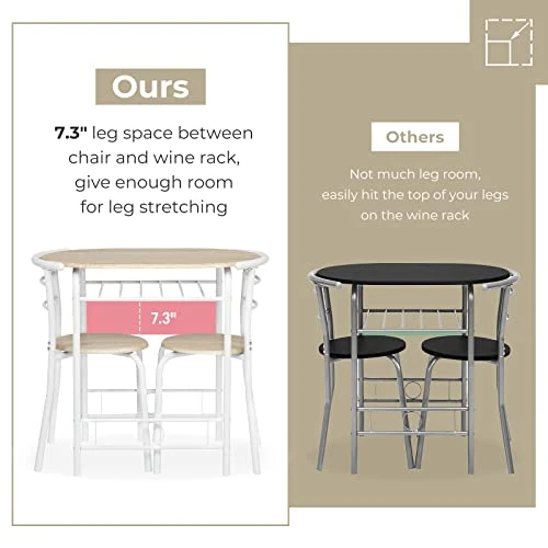 VINGLI 3 Piece Dining Set,Small Kitchen Table Set For 2,Breakfast Table Set,Kitchen Wooden Table And 2 Chairs For Small Space/Dining Room/Apartment,Metal Frame,Wine Rack,White&Light Oak 3 VINGLI 3 Piece Dining Set,Small Kitchen Table Set For 2,Breakfast Table Set,Kitchen Wooden Table And 2 Chairs For Small Space/Dining Room/Apartment,Metal Frame,Wine Rack,White&Light Oak - Image 3