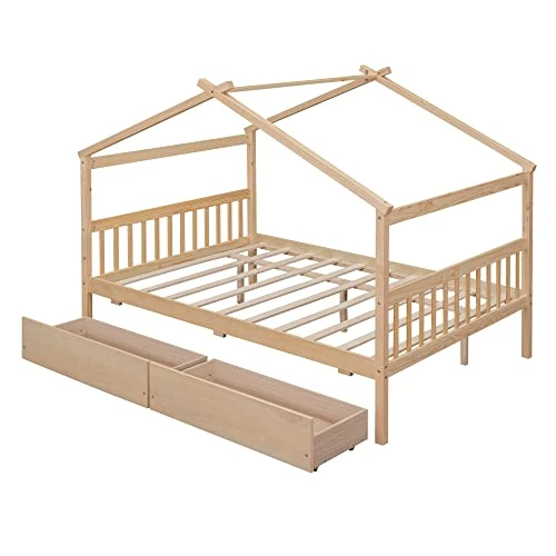 Full Size House Bed With 2 Storage Drawers Wooden Kids Montessori House Bed Frame Wood Playhouse Tent Bed For Girls Boys Teens, Natural 2 Full Size House Bed With 2 Storage Drawers Wooden Kids Montessori House Bed Frame Wood Playhouse Tent Bed For Girls Boys Teens, Natural - Image 2