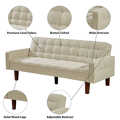 Betoko Linen Futon Sofa Couch 73.6" Fabric Upholstered Convertible Sofa Bed Minimalist Button Tufted Small 3 Seater Sleeper Futon Couch Set For Living Room Bedroom (Beige) 5 Betoko Linen Futon Sofa Couch 73.6" Fabric Upholstered Convertible Sofa Bed Minimalist Button Tufted Small 3 Seater Sleeper Futon Couch Set For Living Room Bedroom (Beige) - Image 5