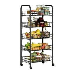 Free Standing Kitchen Storage Shelf Rack Kitchen Multi-layer Storage Rack Floor-to-ceiling Movable Trolley Storage Rack Vegetable Basket Home Dormitory Storage Rack Car Kitchen Bakers Rack Microwave O