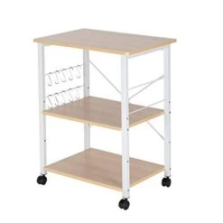 Belovedkai Kitchen Baker's Rack,3-Tiers Kitchen Storage Cart Table, Utility Storage Cabinet With Microwave Oven Stand And 10 Hooks For Kitchen, Living Room, Dining Room (Light Beige) -Safavieh Furniture 41JPmDoW7KL