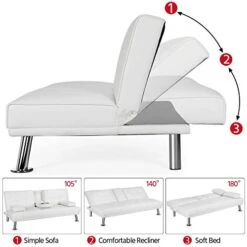 Yaheetech Modern Faux Leather Futon Set Convertible Recliner Sleeper Fold Up & Down Loveseat Reversible Daybed Guest Bed, 3 Angles Adjustable, 2 Cup-Holders, Up To 772 Lbs, White -Safavieh Furniture 41JPpYX4KCL