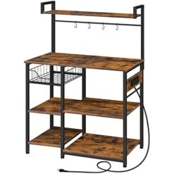 HOOBRO Bakers Rack With Power Outlet, Microwave Stand With Mesh Basket, Coffee Station With 4 S-Shaped Hooks, Kitchen Shelf, For Kitchen, Living Room, Coffee Bar Station, Rustic Brown BF05HB01