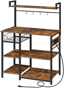 HOOBRO Bakers Rack With Power Outlet, Microwave Stand With Mesh Basket, Coffee Station With 4 S-Shaped Hooks, Kitchen Shelf, For Kitchen, Living Room, Coffee Bar Station, Rustic Brown BF05HB01 -Safavieh Furniture 41JTqg4rS7L. AC