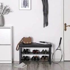 SONGMICS Shoe Bench, 3-Tier Shoe Rack For Entryway, Storage Organizer With Foam Padded Seat, Faux Leather, Metal Frame, For Living Room, Hallway, 12.2 X 31.9 X 19.3 Inches, Black ULBS58H