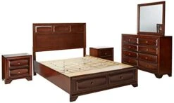 Oakland 139 Antique Oak Finish Wood Bed Room Set, Queen Storage Bed, Dresser, Mirror, 2 Night Stands